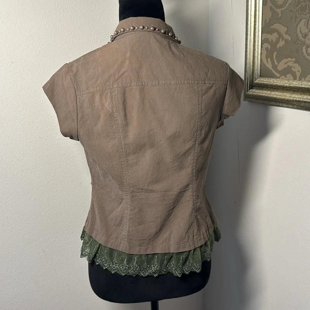 Kelly USA olive green embellished 100% cotton vest‎ pearls lace Sz L
